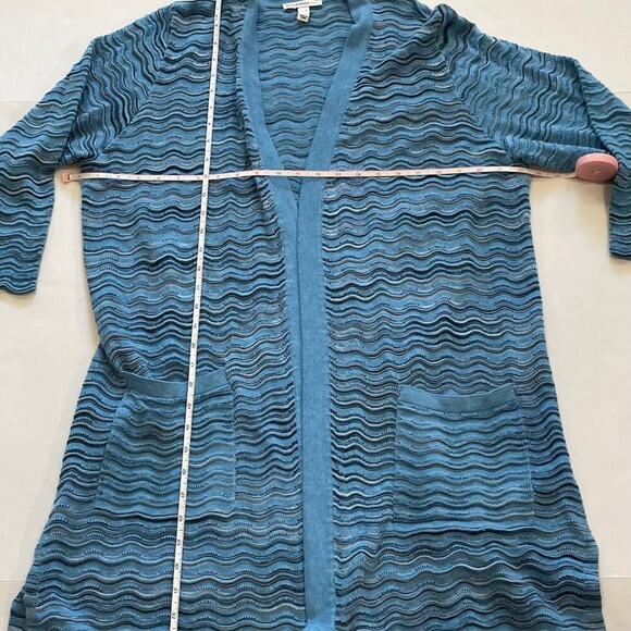 Isaac Mizrahi Live! Cotton Blend Blue Wavy Chevron Print Long Open Cardigan XL - Picture 10 of 12